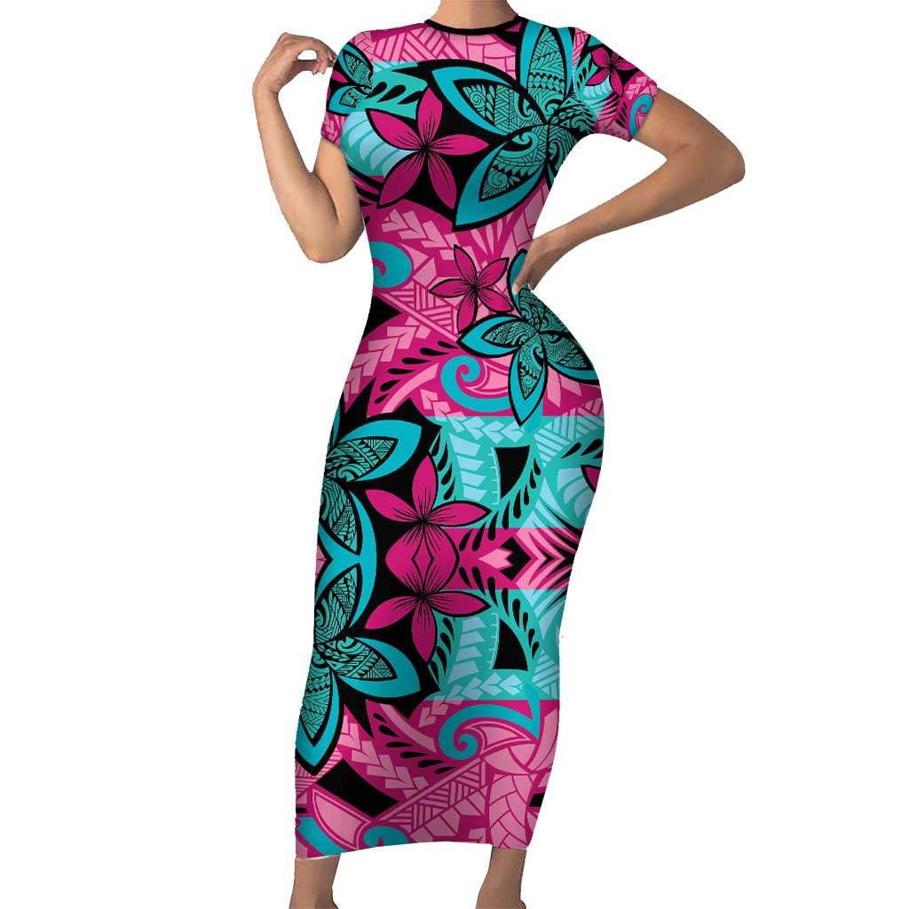 Plumeria Polynesian Pattern Family Matching Short Sleeve Bodycon Dress and Hawaiian Shirt Unique Fantasy Pink Teal