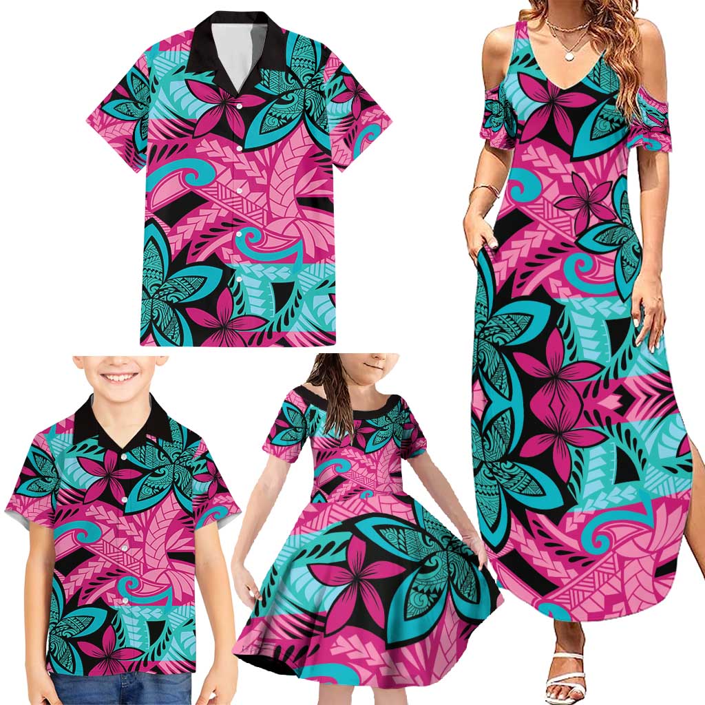 Plumeria Polynesian Pattern Family Matching Summer Maxi Dress and Hawaiian Shirt Unique Fantasy Pink Teal