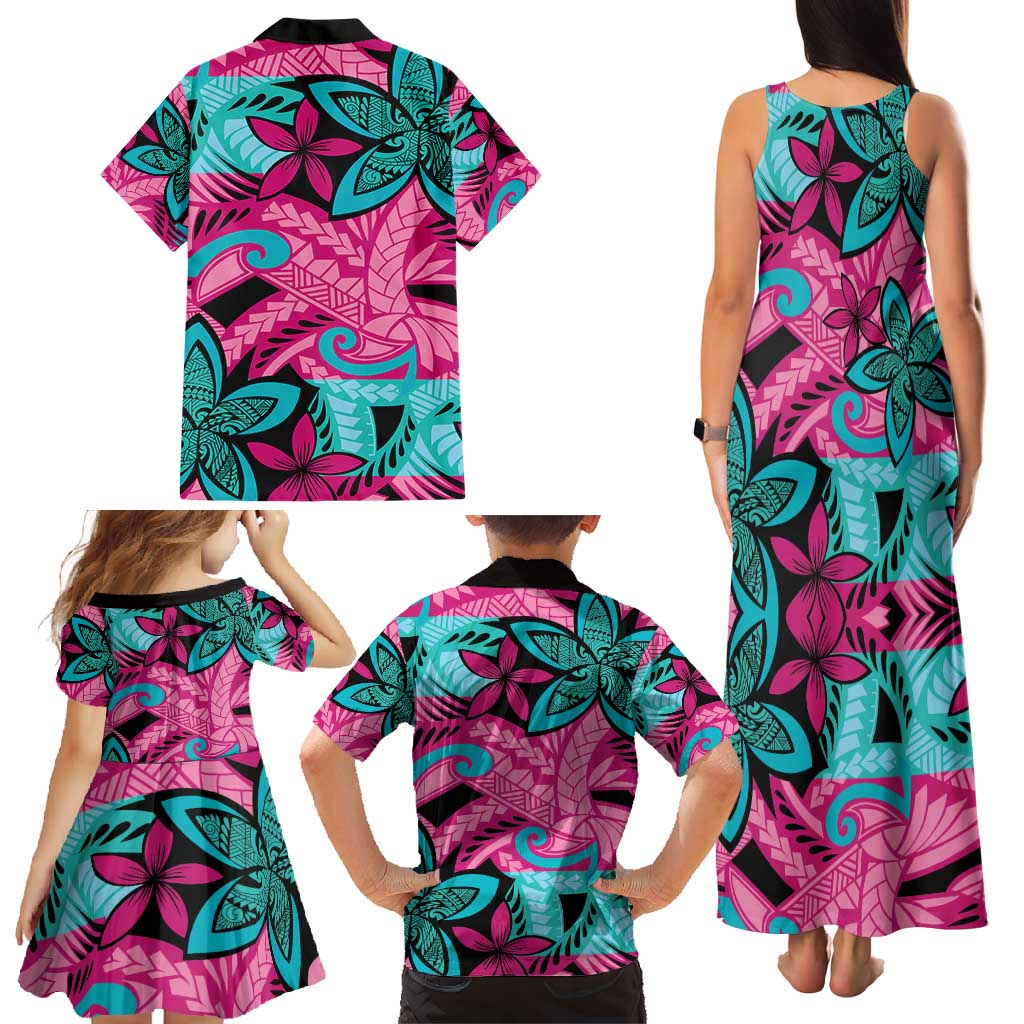 Plumeria Polynesian Pattern Family Matching Tank Maxi Dress and Hawaiian Shirt Unique Fantasy Pink Teal