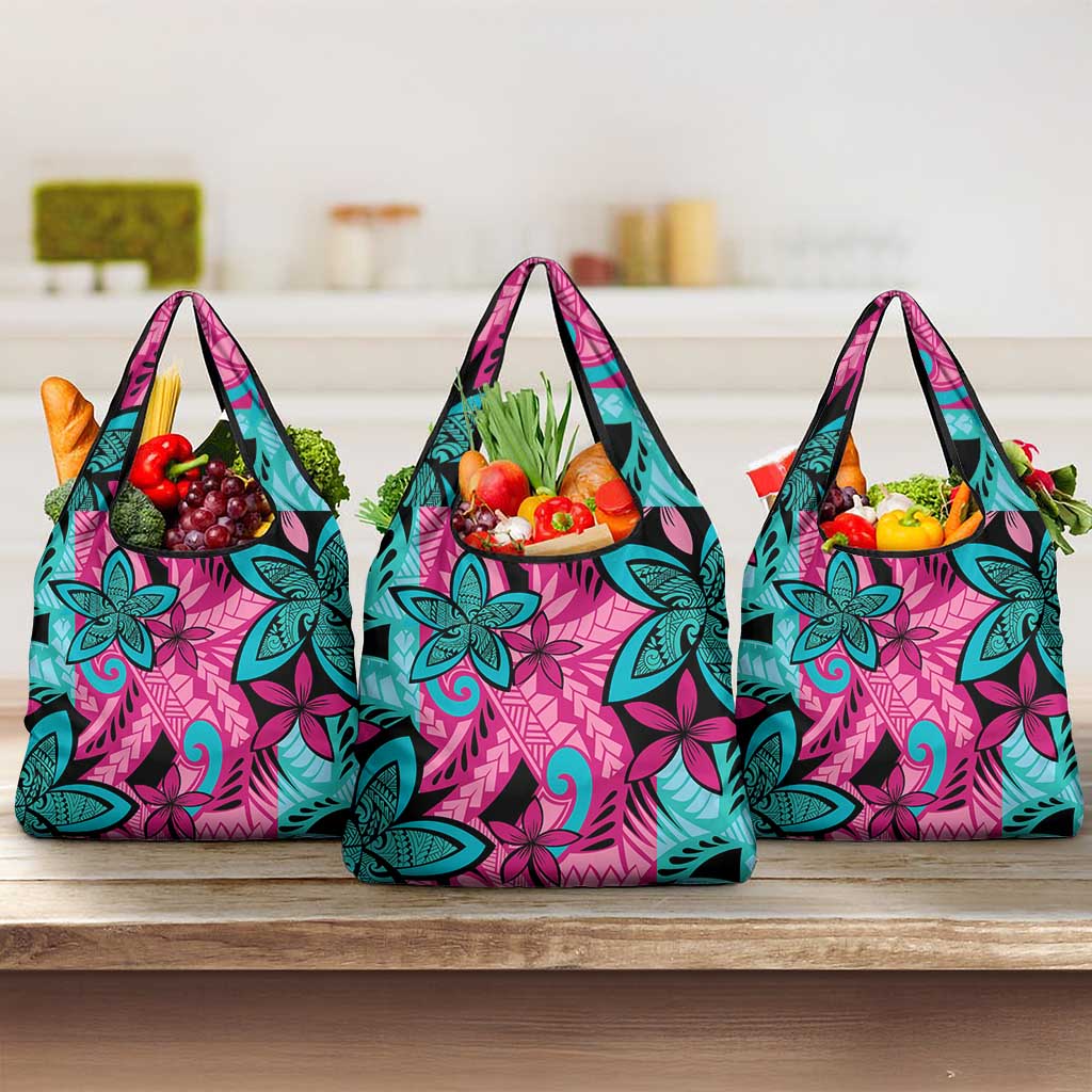 Plumeria Polynesian Pattern Grocery Bag Unique Fantasy Pink Teal LT01 3-pack One Size Pink - Polynesian Pride