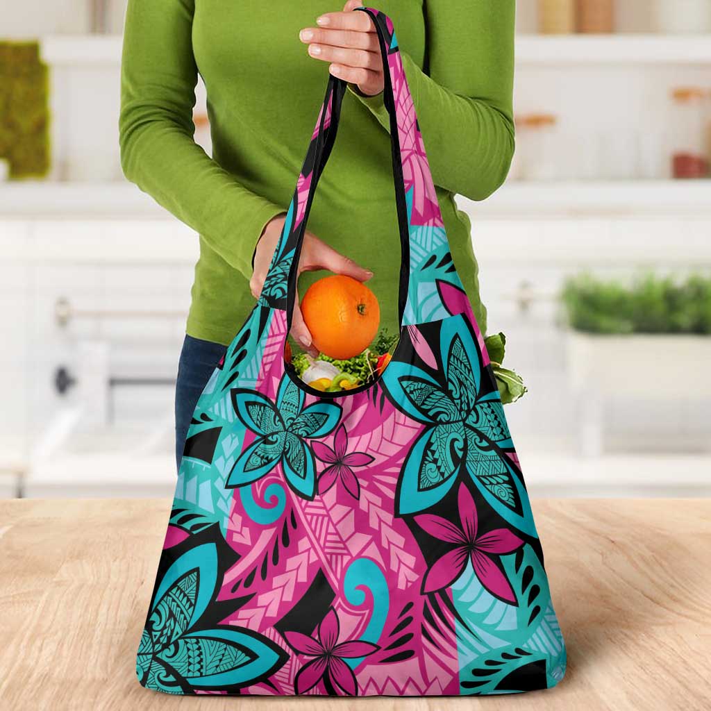 Plumeria Polynesian Pattern Grocery Bag Unique Fantasy Pink Teal LT01 - Polynesian Pride