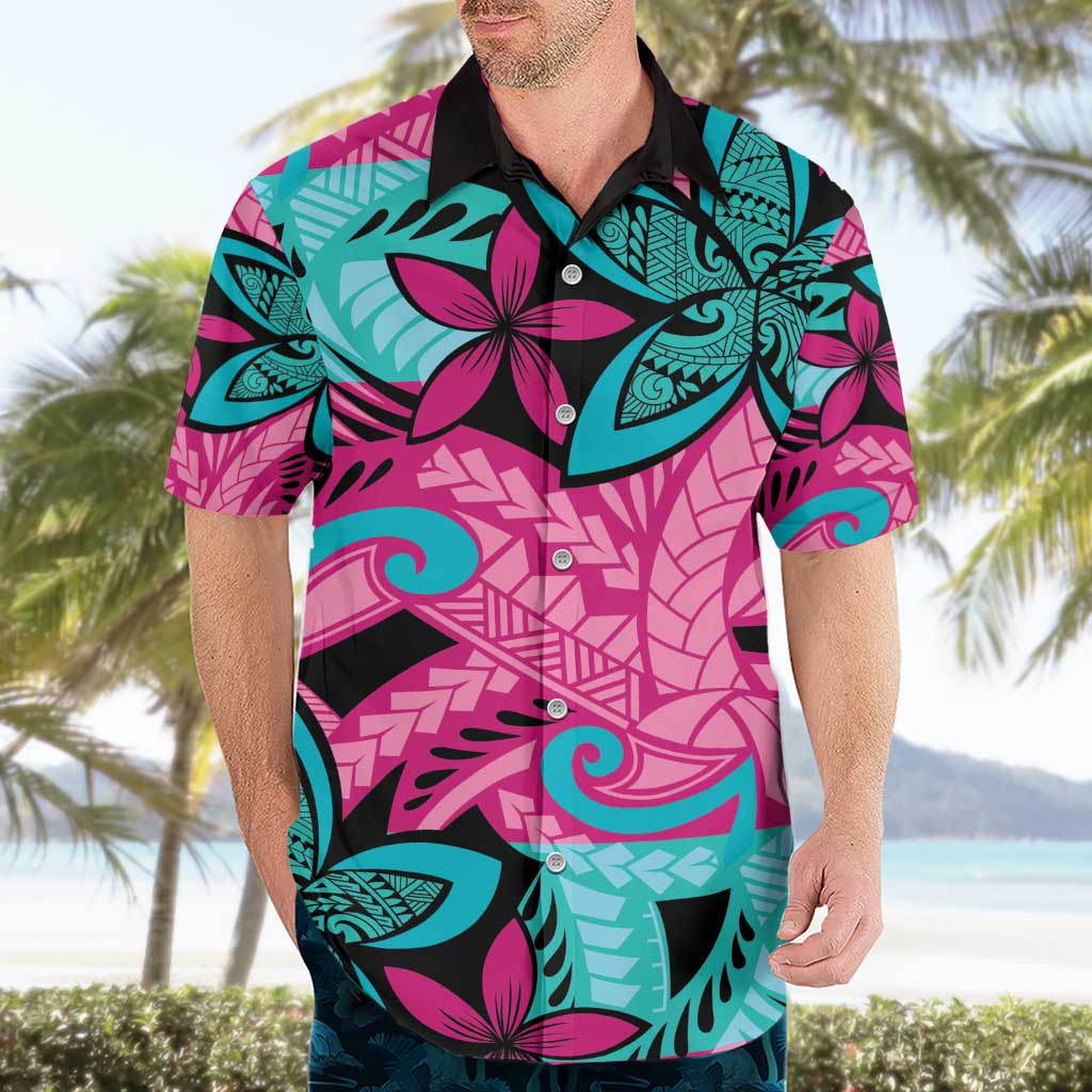 Plumeria Polynesian Pattern Hawaiian Shirt Unique Fantasy Pink Teal