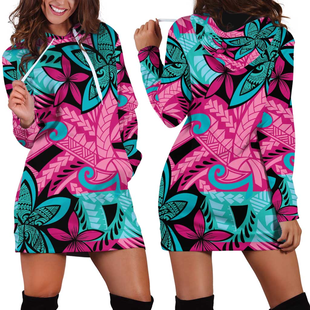 Plumeria Polynesian Pattern Hoodie Dress Unique Fantasy Pink Teal