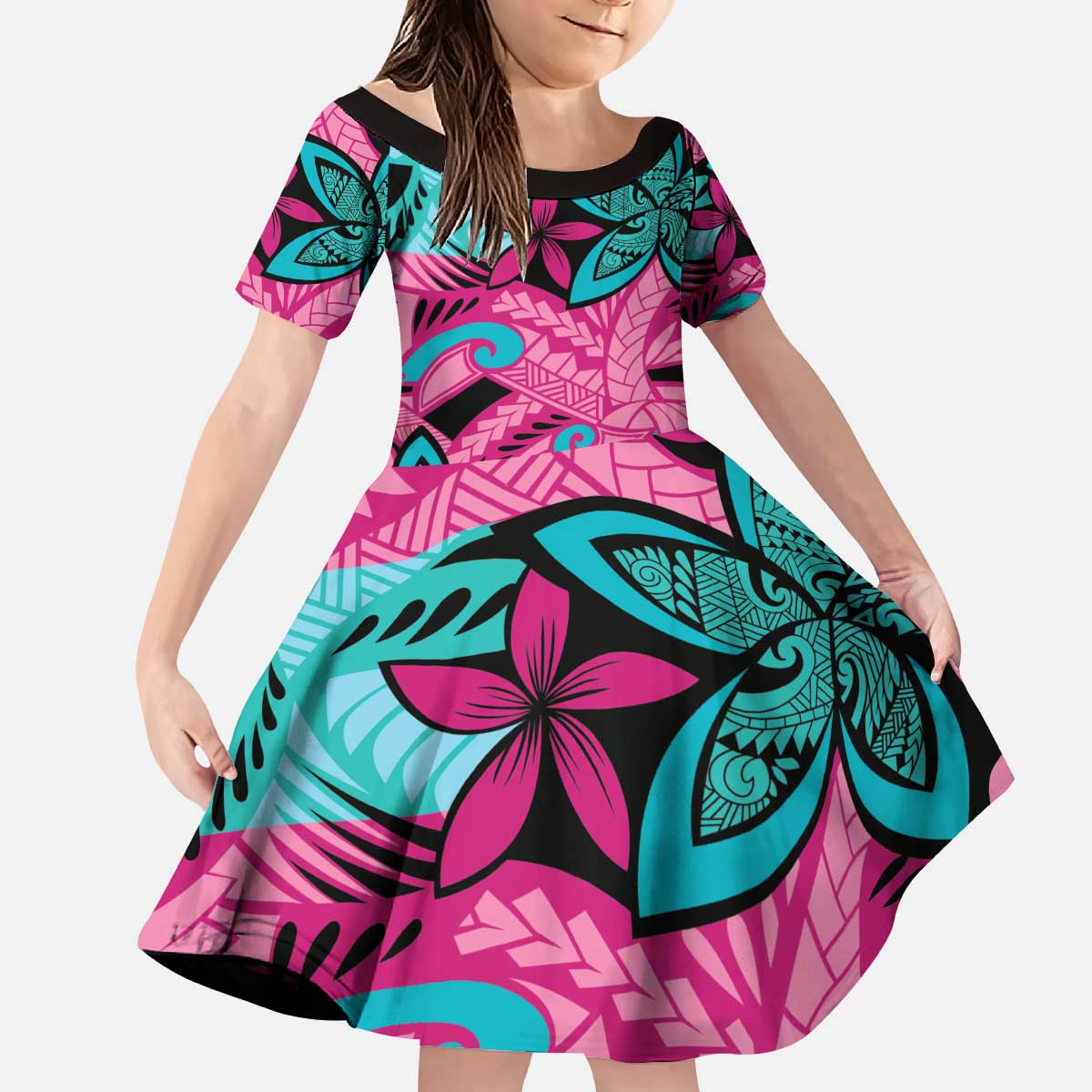 Plumeria Polynesian Pattern Kid Short Sleeve Dress Unique Fantasy Pink Teal LT01 KID Pink - Polynesian Pride