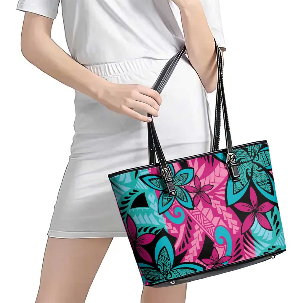 Plumeria Polynesian Pattern Leather Tote Bag Unique Fantasy Pink Teal