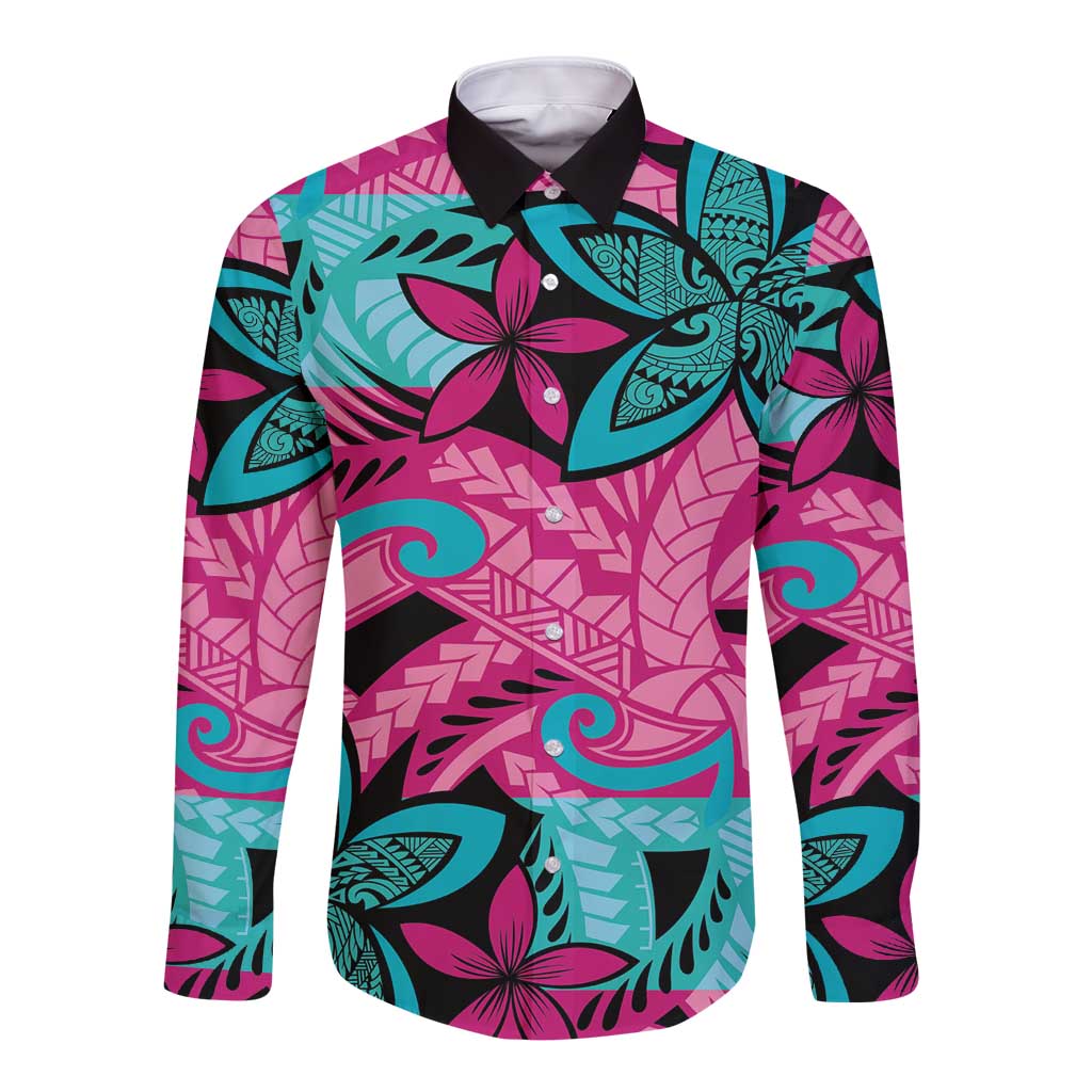 Plumeria Polynesian Pattern Long Sleeve Button Shirt Unique Fantasy Pink Teal LT01 Unisex Pink - Polynesian Pride
