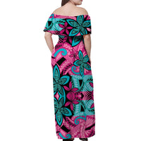 Plumeria Polynesian Pattern Off Shoulder Maxi Dress Unique Fantasy Pink Teal