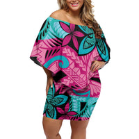 Plumeria Polynesian Pattern Off Shoulder Short Dress Unique Fantasy Pink Teal