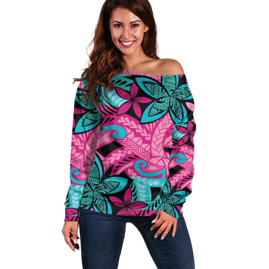 Plumeria Polynesian Pattern Off Shoulder Sweater Unique Fantasy Pink Teal