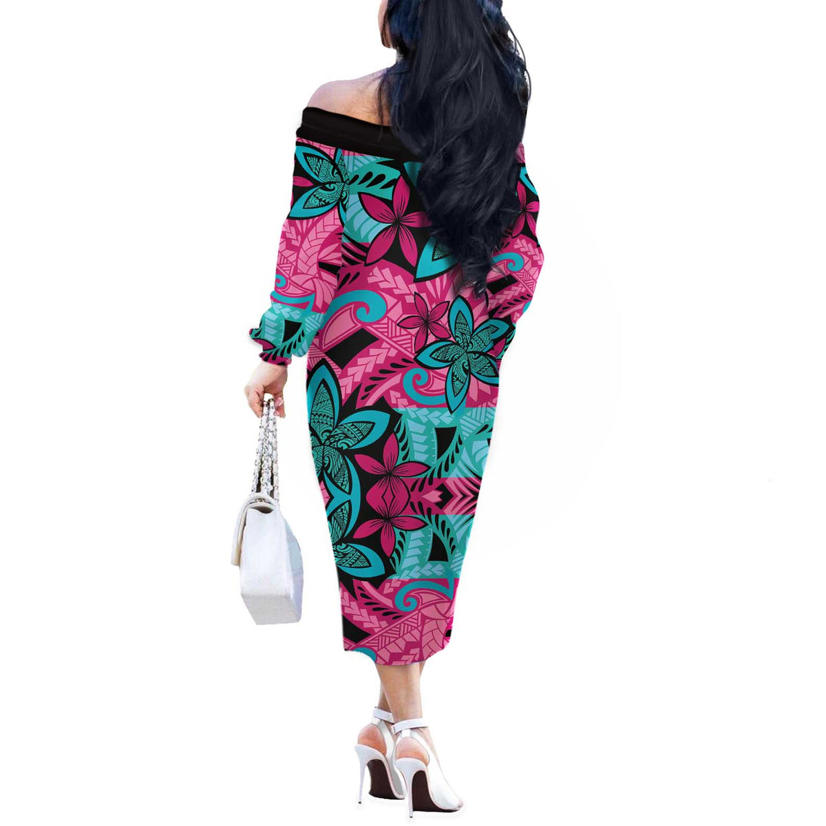 Plumeria Polynesian Pattern Off The Shoulder Long Sleeve Dress Unique Fantasy Pink Teal