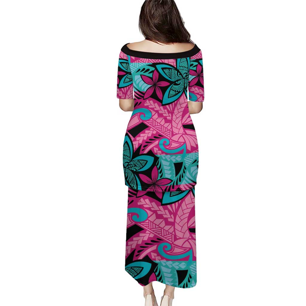 Plumeria Polynesian Pattern Puletasi Unique Fantasy Pink Teal