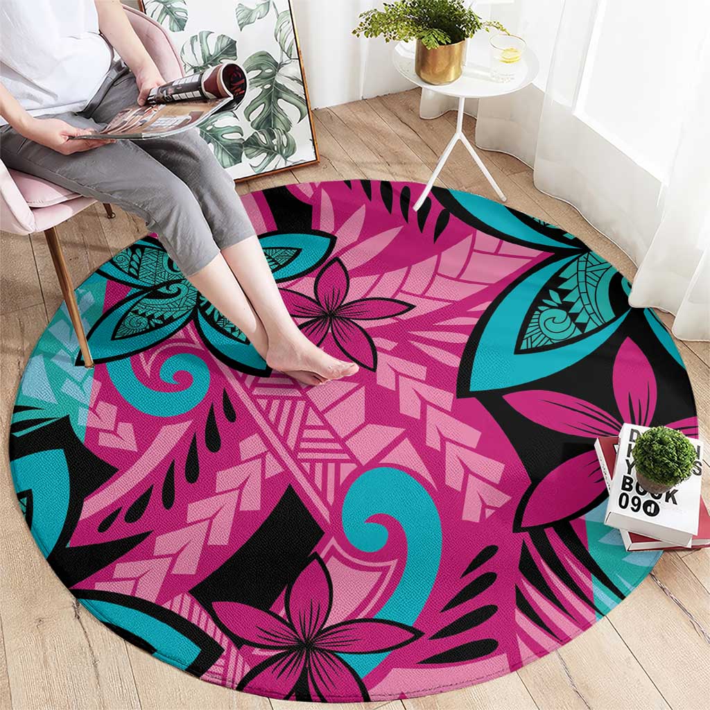 Plumeria Polynesian Pattern Round Carpet Unique Fantasy Pink Teal