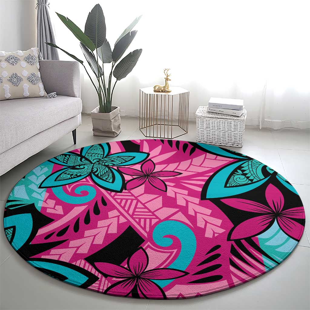 Plumeria Polynesian Pattern Round Carpet Unique Fantasy Pink Teal