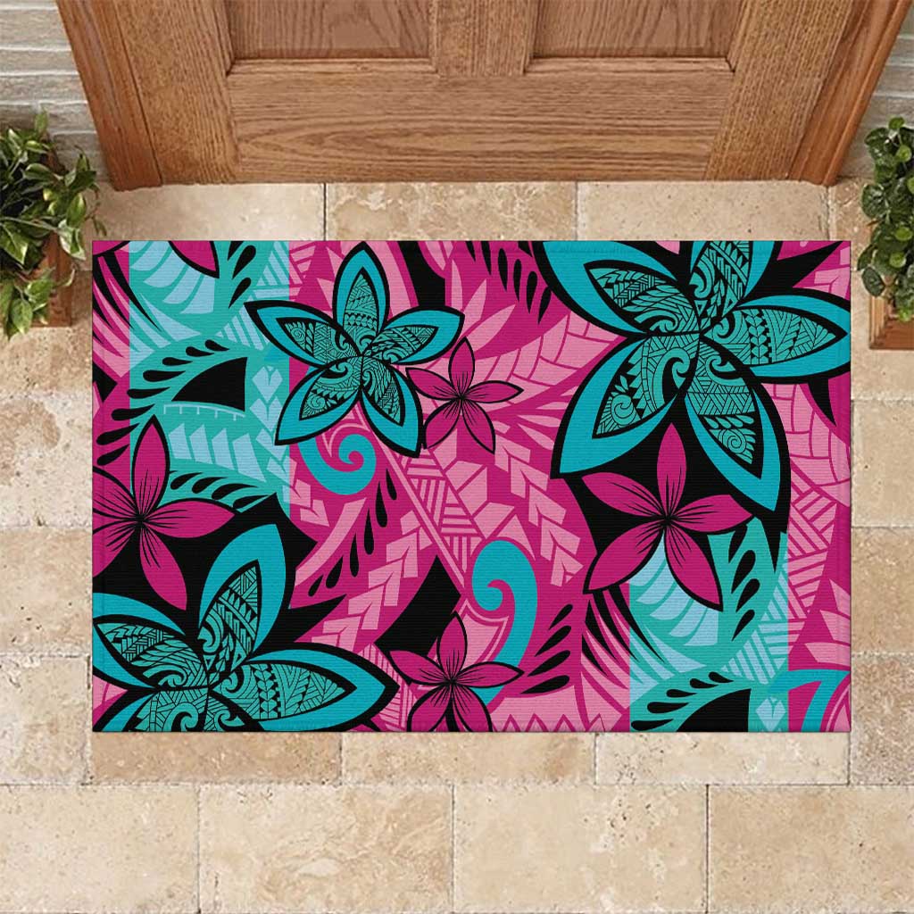 Plumeria Polynesian Pattern Rubber Doormat Unique Fantasy Pink Teal LT01 Pink - Polynesian Pride
