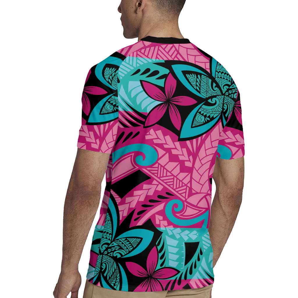 Plumeria Polynesian Pattern Rugby Jersey Unique Fantasy Pink Teal