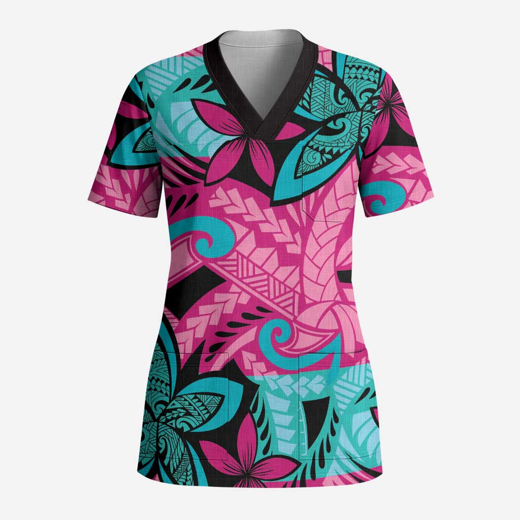 Plumeria Polynesian Pattern Scrub Top Unique Fantasy Pink Teal - Polynesian Pride
