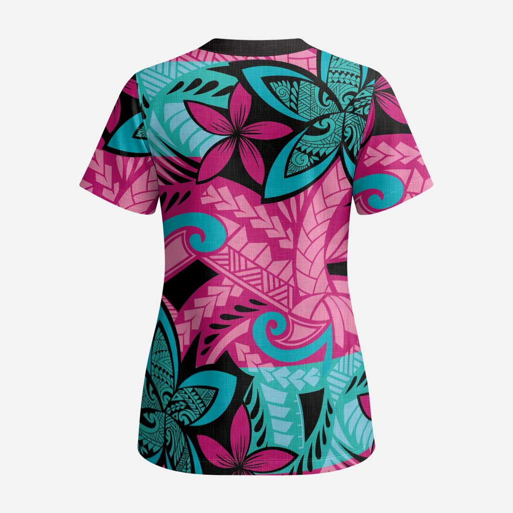 Plumeria Polynesian Pattern Scrub Top Unique Fantasy Pink Teal - Polynesian Pride