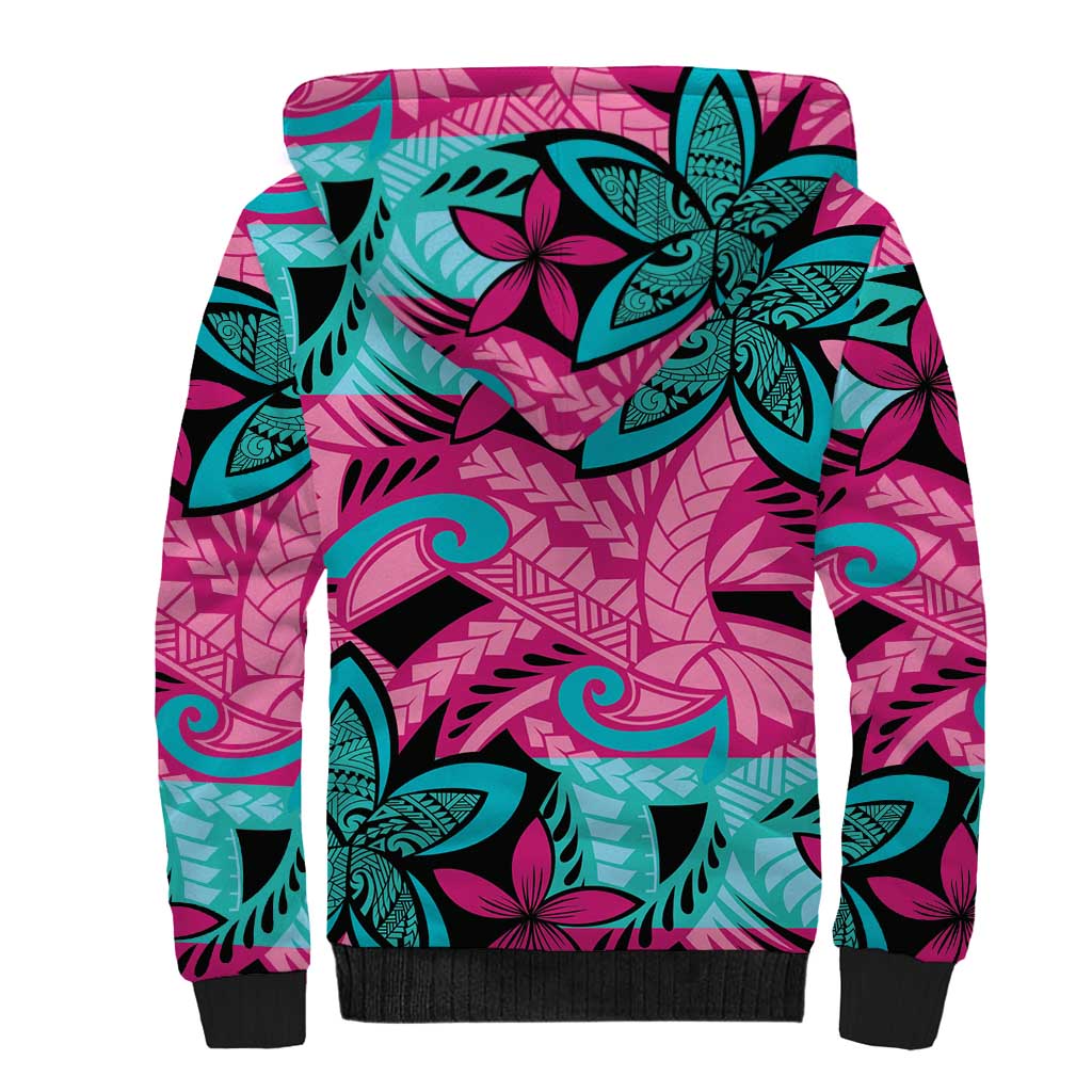 Plumeria Polynesian Pattern Sherpa Hoodie Unique Fantasy Pink Teal