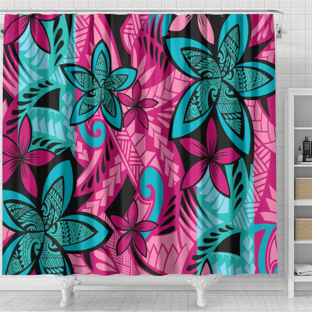 Plumeria Polynesian Pattern Shower Curtain Unique Fantasy Pink Teal