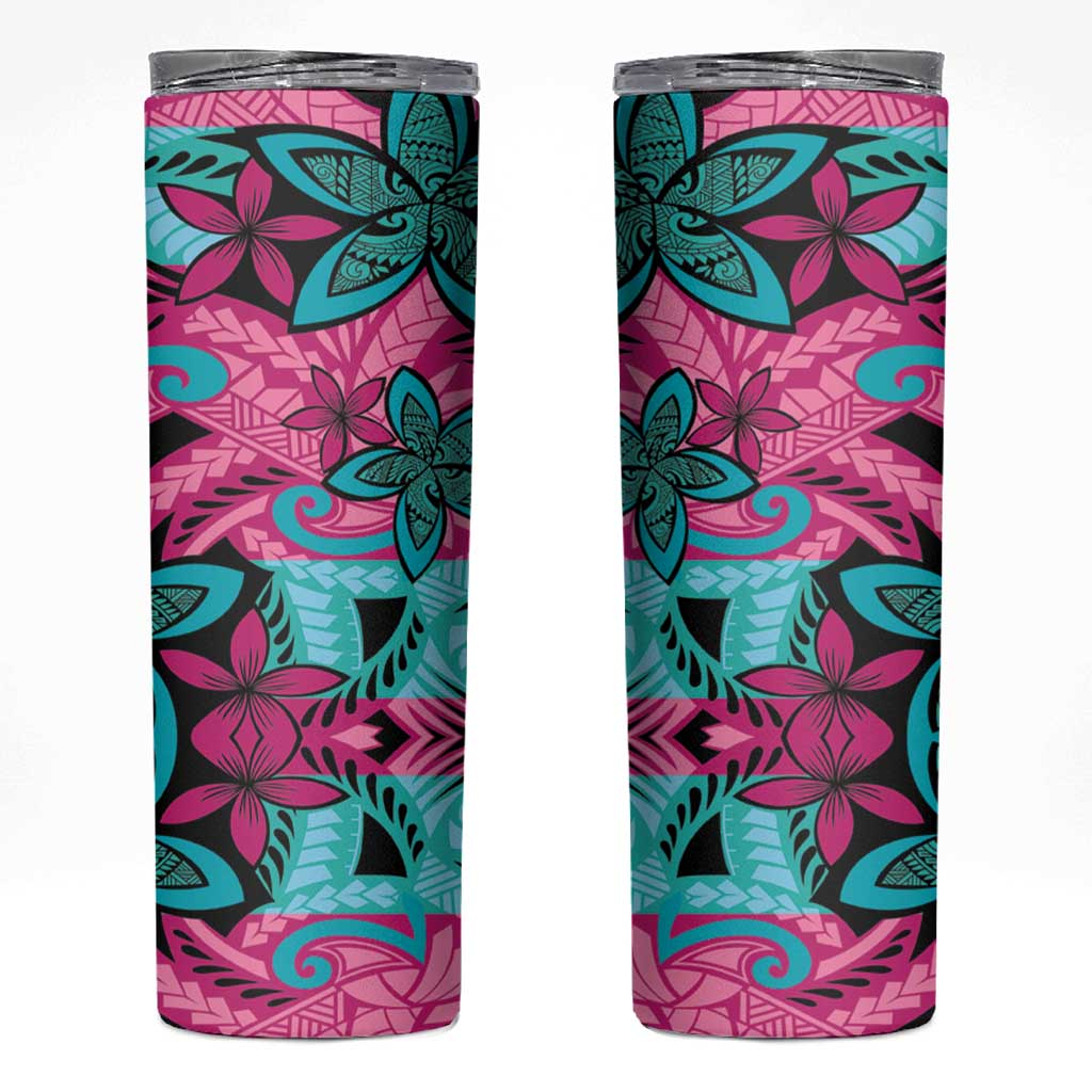 Plumeria Polynesian Pattern Skinny Tumbler Unique Fantasy Pink Teal