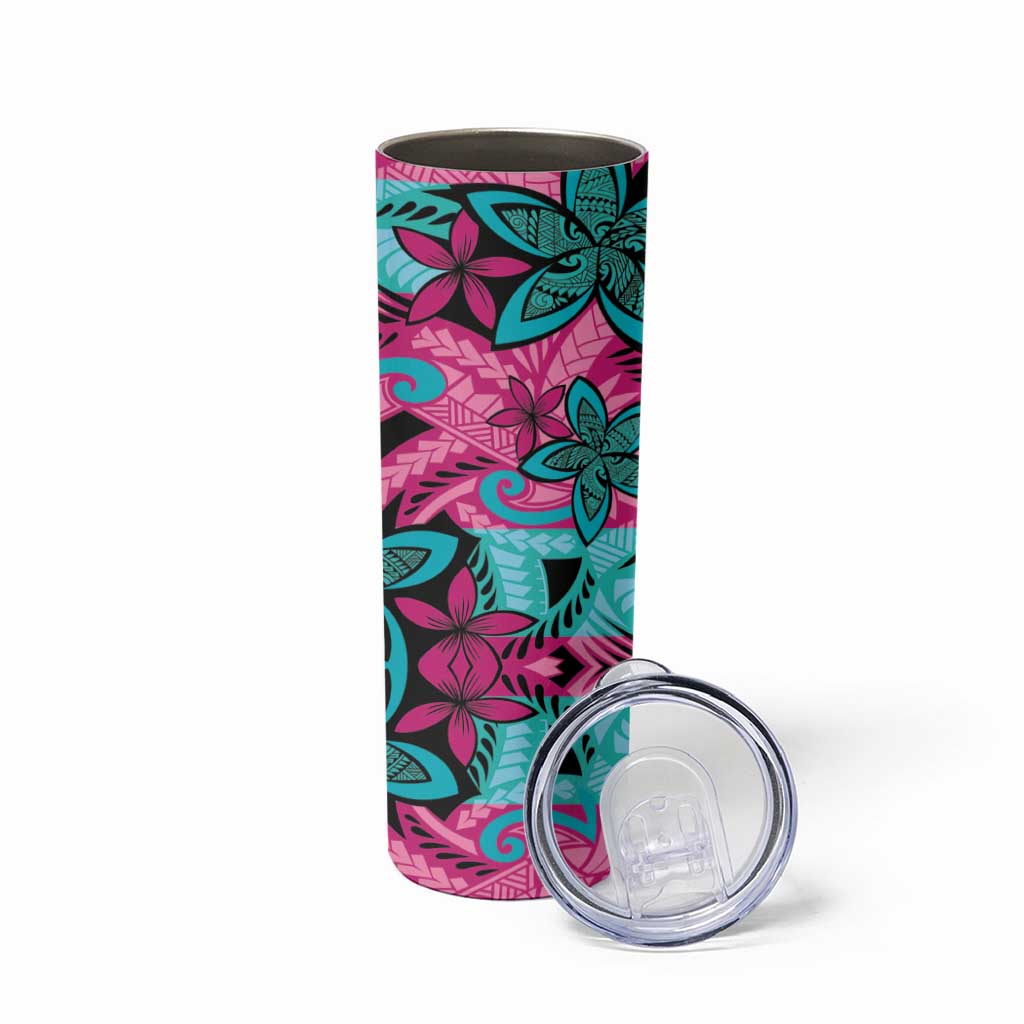 Plumeria Polynesian Pattern Skinny Tumbler Unique Fantasy Pink Teal