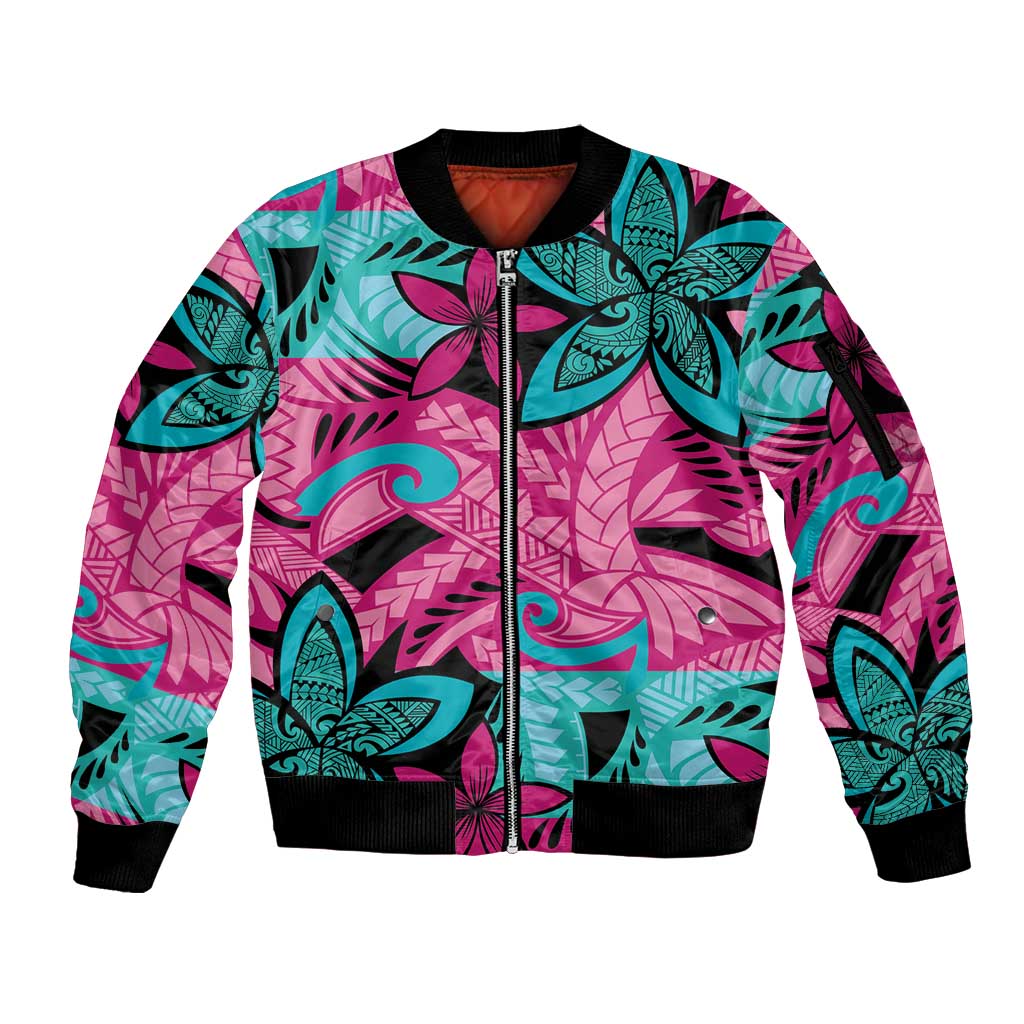 Plumeria Polynesian Pattern Sleeve Zip Bomber Jacket Unique Fantasy Pink Teal