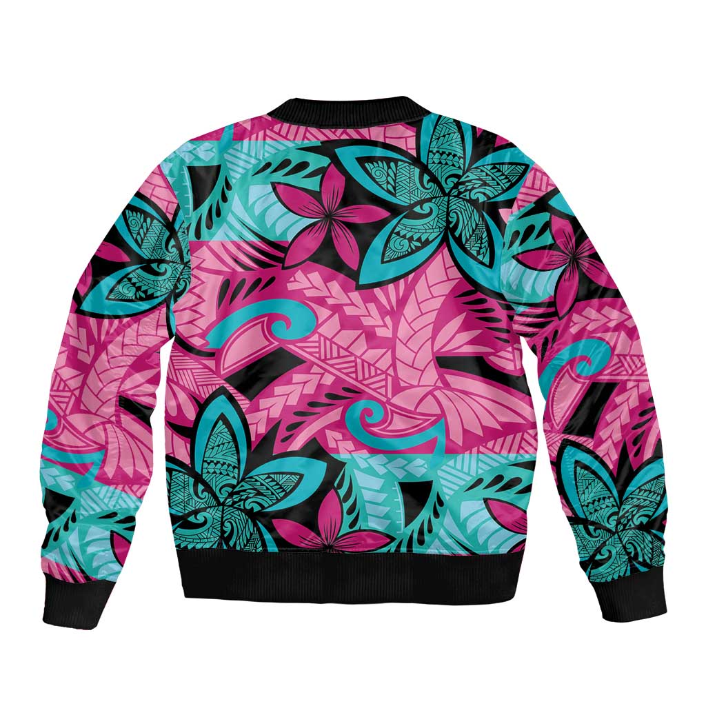 Plumeria Polynesian Pattern Sleeve Zip Bomber Jacket Unique Fantasy Pink Teal