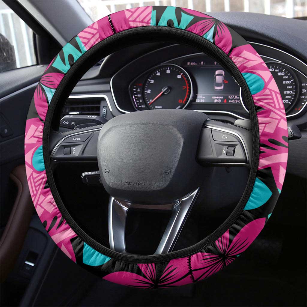 Plumeria Polynesian Pattern Steering Wheel Cover Unique Fantasy Pink Teal