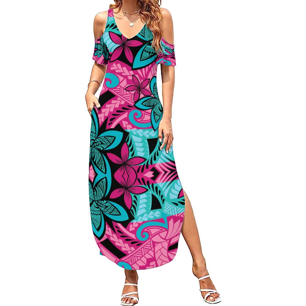 Plumeria Polynesian Pattern Summer Maxi Dress Unique Fantasy Pink Teal