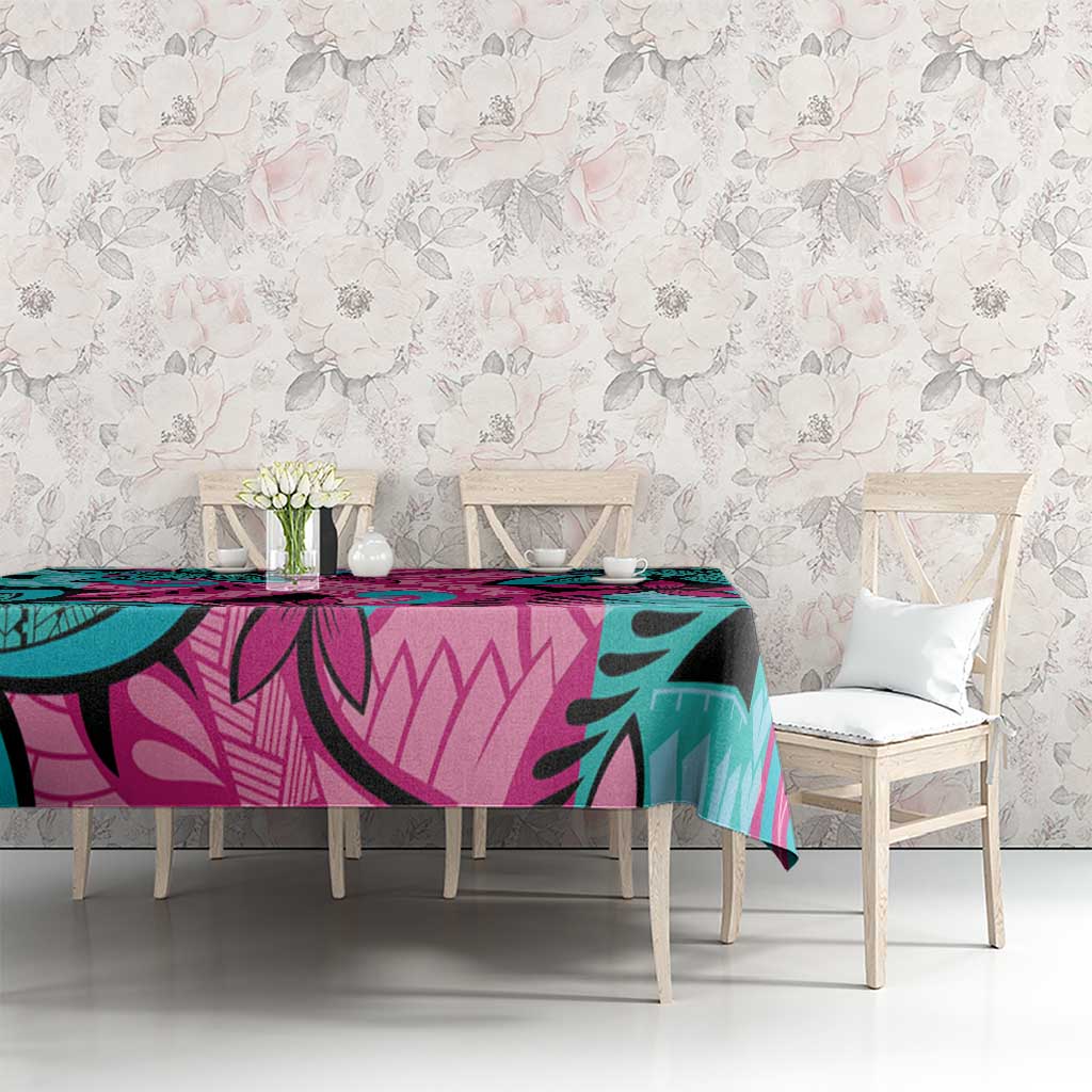 Plumeria Polynesian Pattern Tablecloth Unique Fantasy Pink Teal