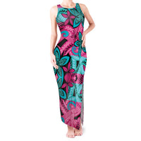 Plumeria Polynesian Pattern Tank Maxi Dress Unique Fantasy Pink Teal