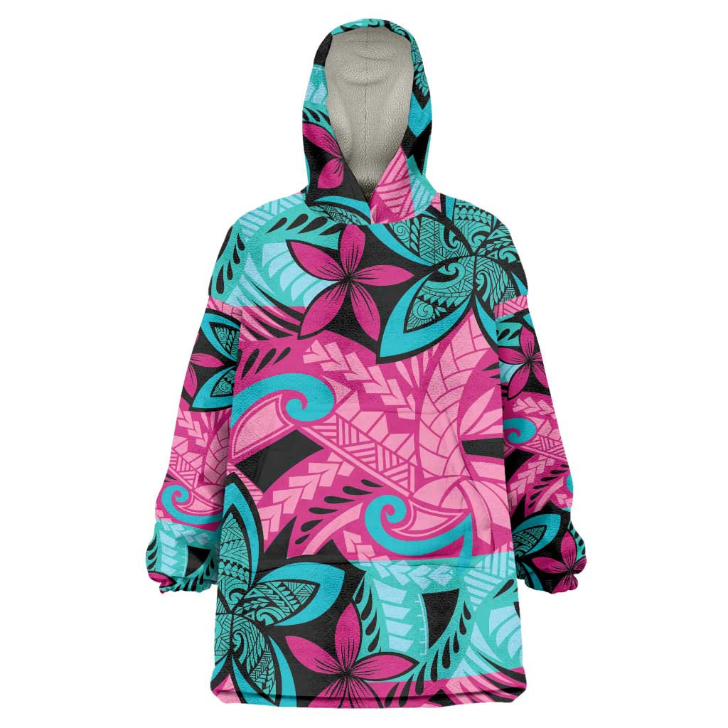 Plumeria Polynesian Pattern Wearable Blanket Hoodie Unique Fantasy Pink Teal