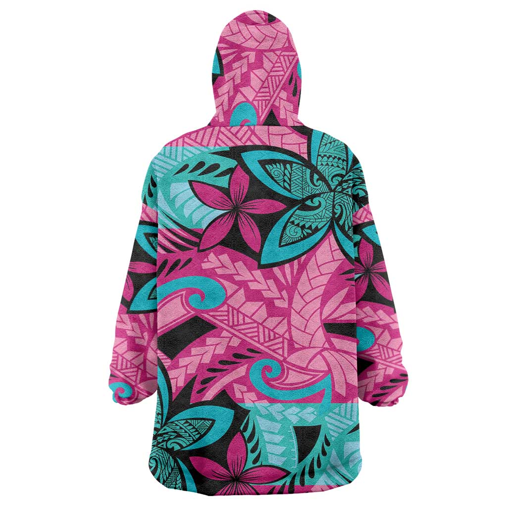 Plumeria Polynesian Pattern Wearable Blanket Hoodie Unique Fantasy Pink Teal