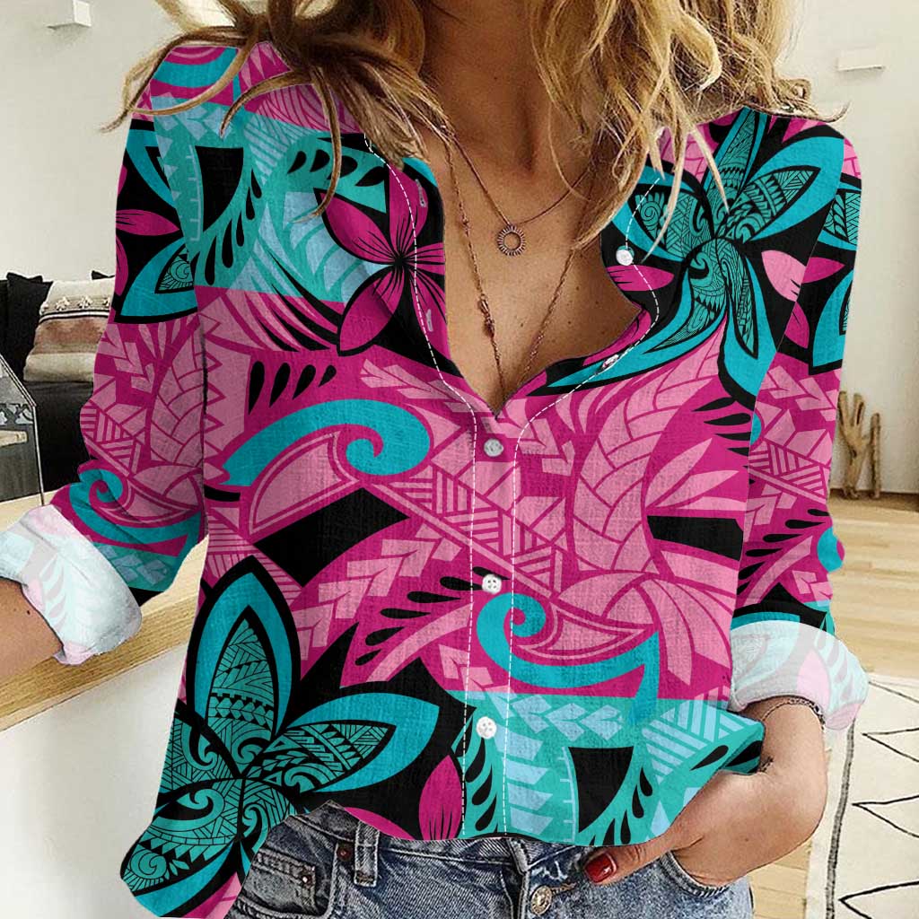 Plumeria Polynesian Pattern Women Casual Shirt Unique Fantasy Pink Teal