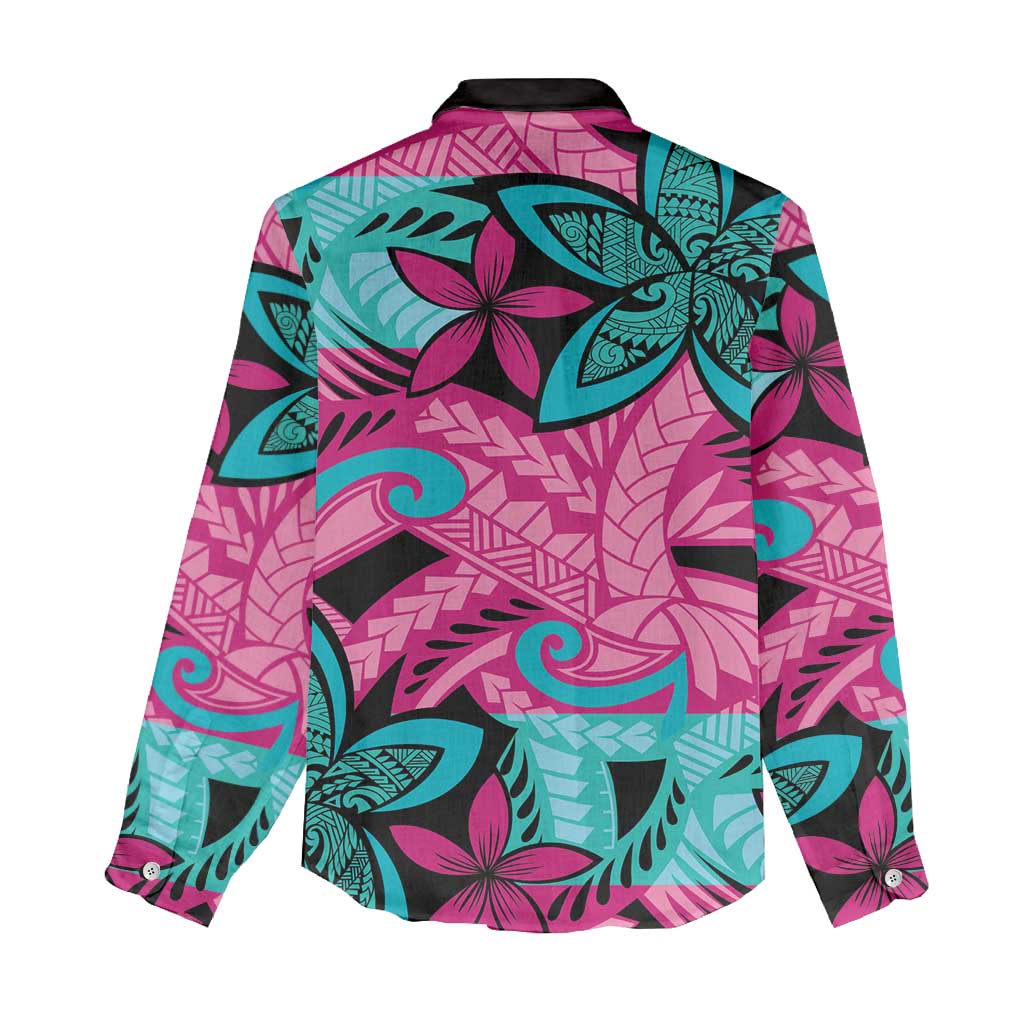 Plumeria Polynesian Pattern Women Casual Shirt Unique Fantasy Pink Teal