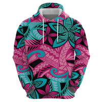 Plumeria Polynesian Pattern Zip Hoodie Unique Fantasy Pink Teal