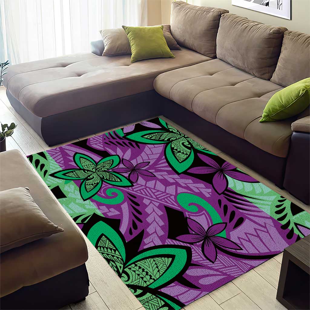 Plumeria Polynesian Pattern Area Rug Unique Fantasy Purple Green