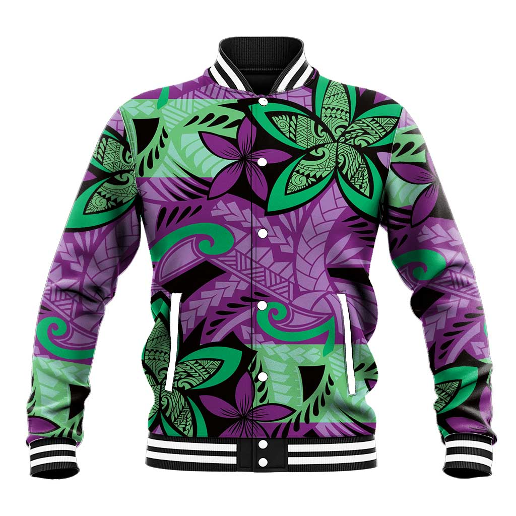 Plumeria Polynesian Pattern Baseball Jacket Unique Fantasy Purple Green LT01 Unisex Purple - Polynesian Pride