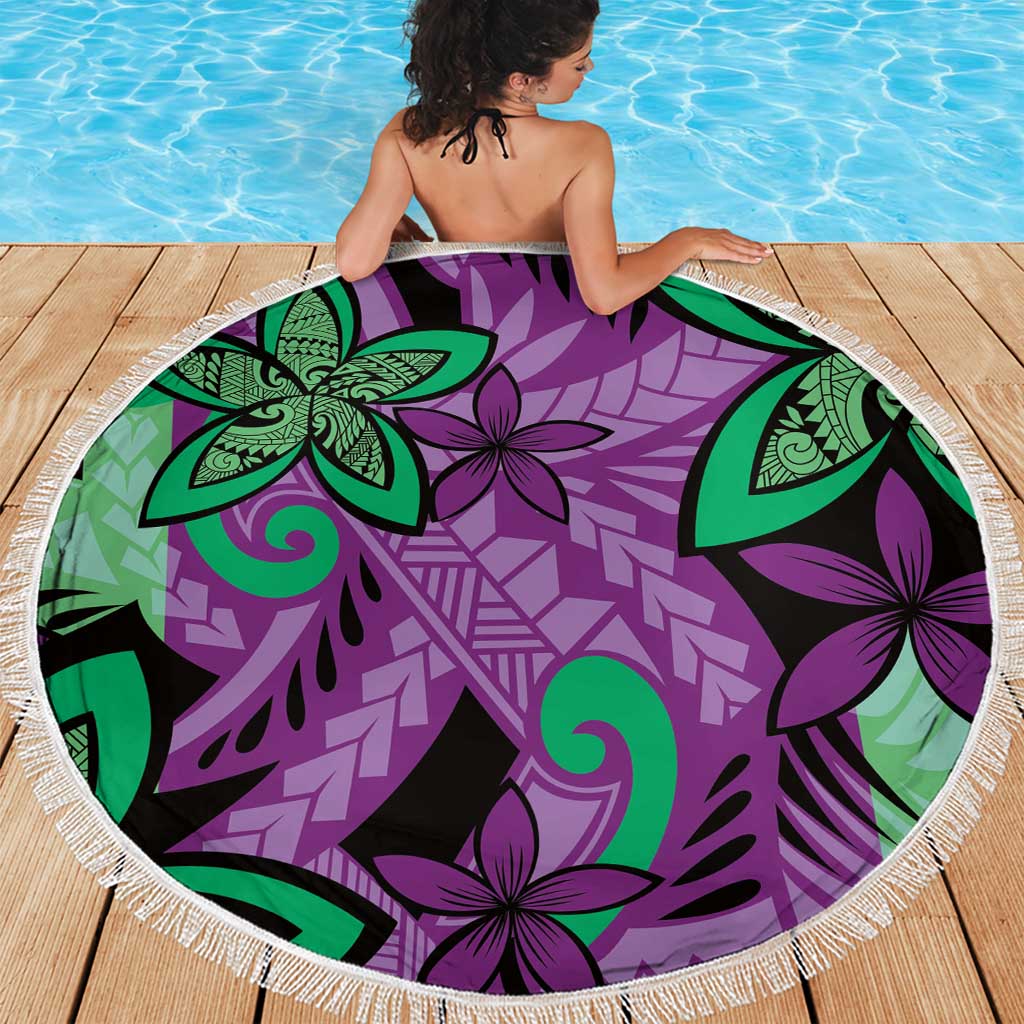Plumeria Polynesian Pattern Beach Blanket Unique Fantasy Purple Green