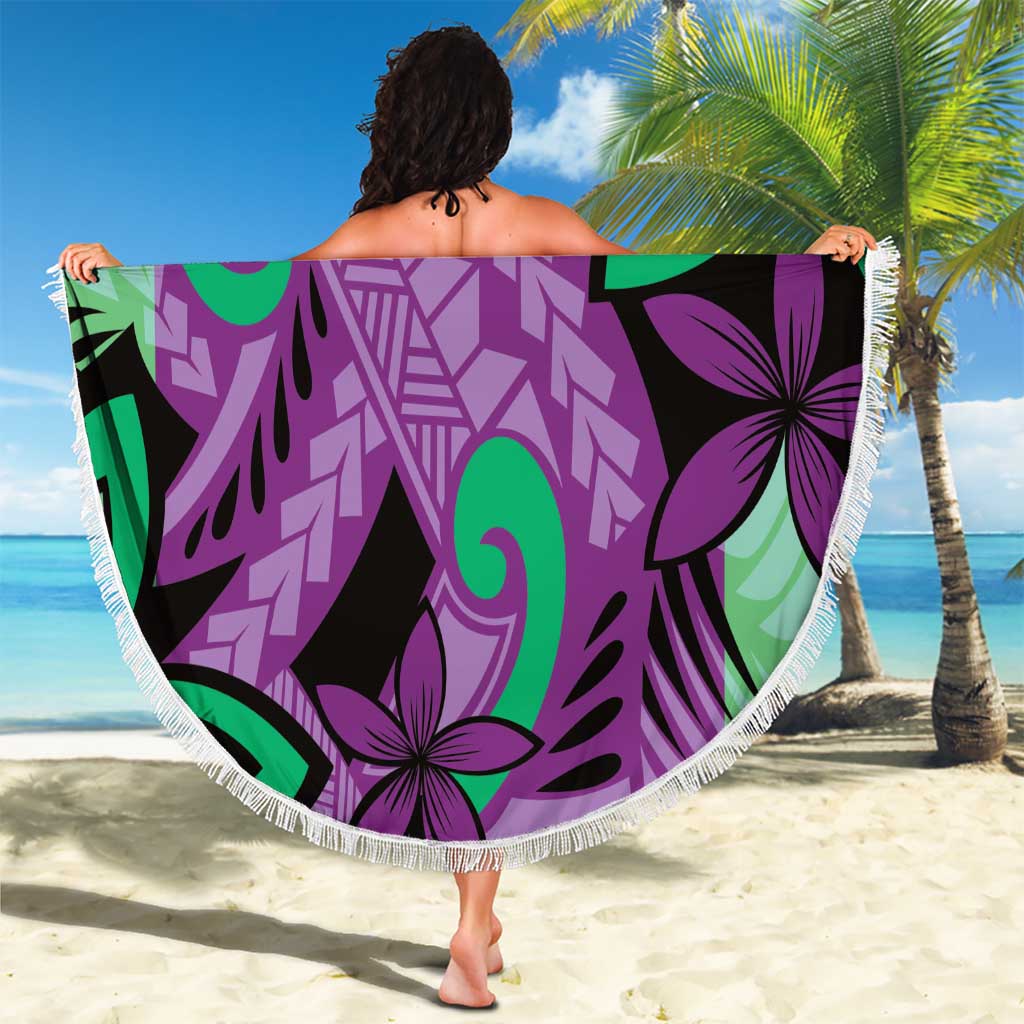 Plumeria Polynesian Pattern Beach Blanket Unique Fantasy Purple Green