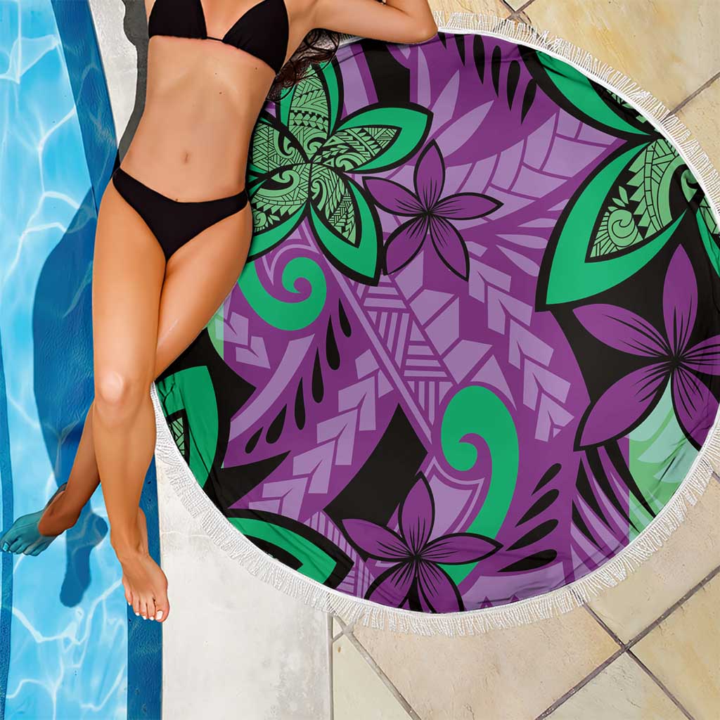 Plumeria Polynesian Pattern Beach Blanket Unique Fantasy Purple Green