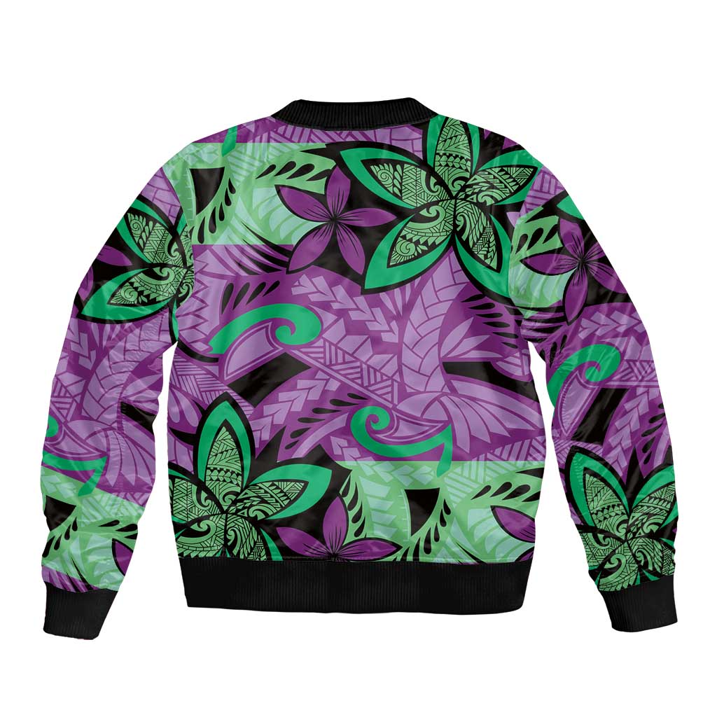 Plumeria Polynesian Pattern Bomber Jacket Unique Fantasy Purple Green