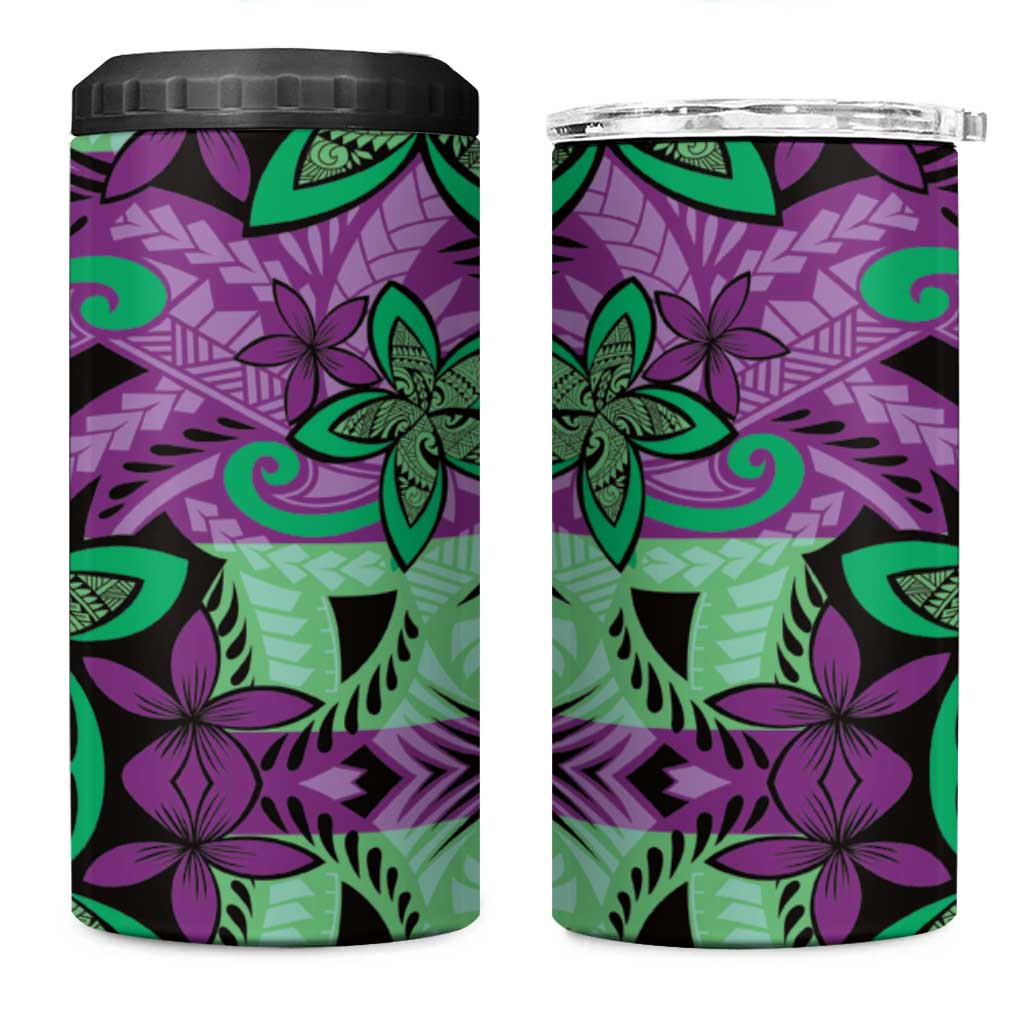Plumeria Polynesian Pattern 4 in 1 Can Cooler Tumbler Unique Fantasy Purple Green