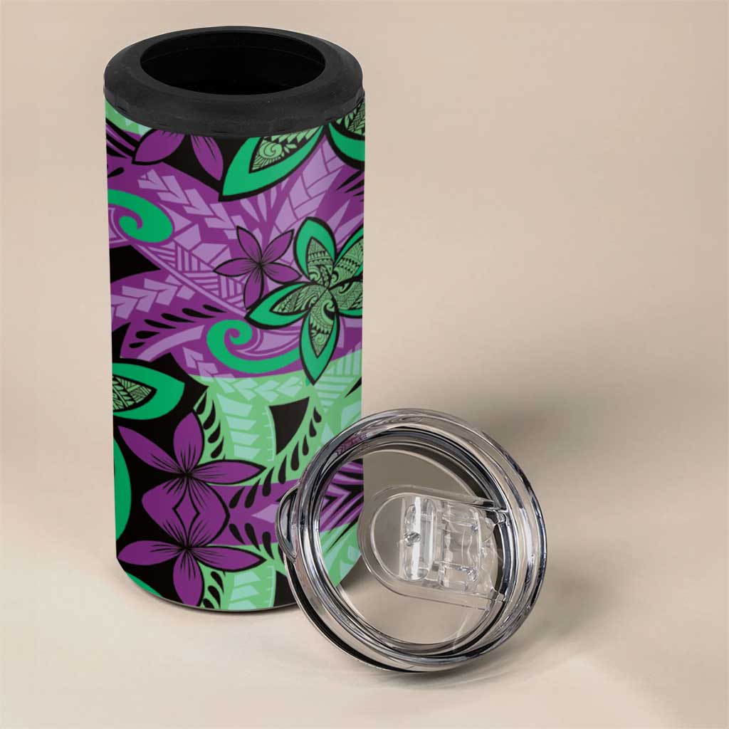 Plumeria Polynesian Pattern 4 in 1 Can Cooler Tumbler Unique Fantasy Purple Green