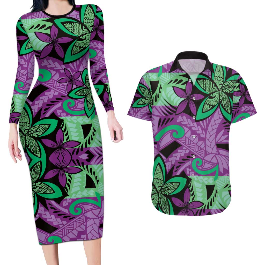Plumeria Polynesian Pattern Couples Matching Long Sleeve Bodycon Dress and Hawaiian Shirt Unique Fantasy Purple Green