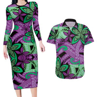 Plumeria Polynesian Pattern Couples Matching Long Sleeve Bodycon Dress and Hawaiian Shirt Unique Fantasy Purple Green