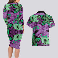 Plumeria Polynesian Pattern Couples Matching Long Sleeve Bodycon Dress and Hawaiian Shirt Unique Fantasy Purple Green