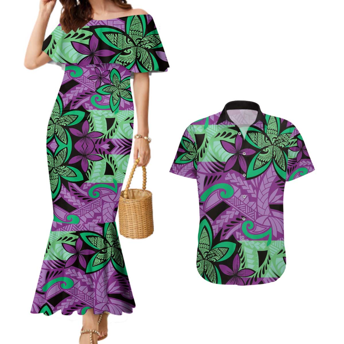 Plumeria Polynesian Pattern Couples Matching Mermaid Dress and Hawaiian Shirt Unique Fantasy Purple Green