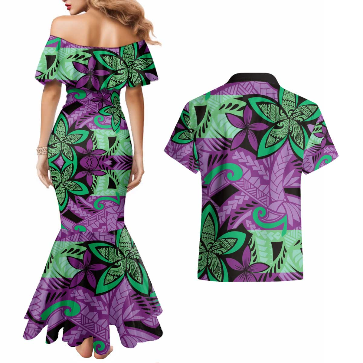 Plumeria Polynesian Pattern Couples Matching Mermaid Dress and Hawaiian Shirt Unique Fantasy Purple Green