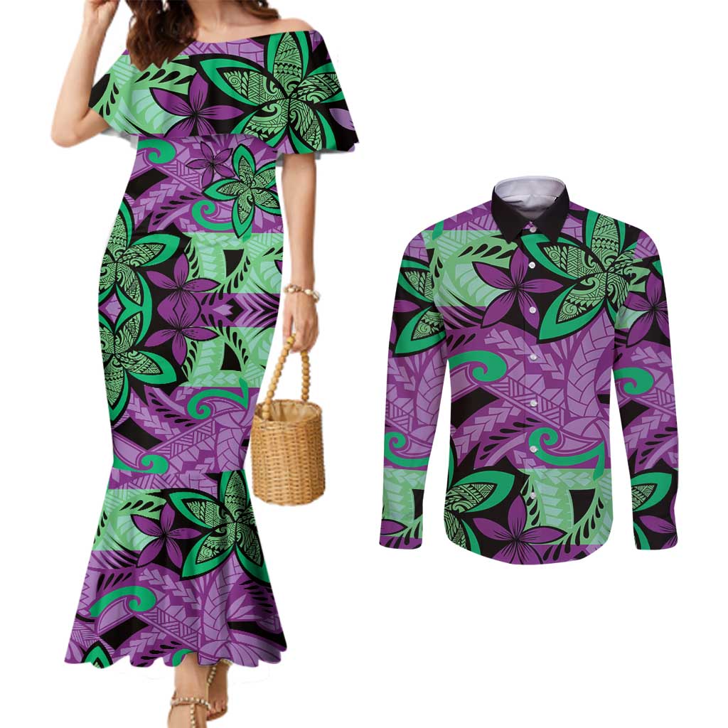 Plumeria Polynesian Pattern Couples Matching Mermaid Dress and Long Sleeve Button Shirt Unique Fantasy Purple Green LT01 Purple - Polynesian Pride